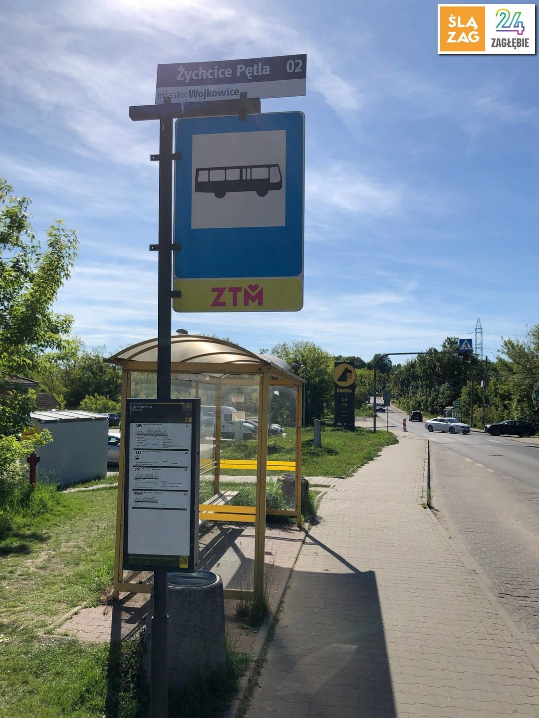 Wojkowice-Żychcice. Przystanek autobusowy upamiętniający dawnę pętlę tramwajową przy ulicy Jana III Sobieskiego. 29 maja 2026