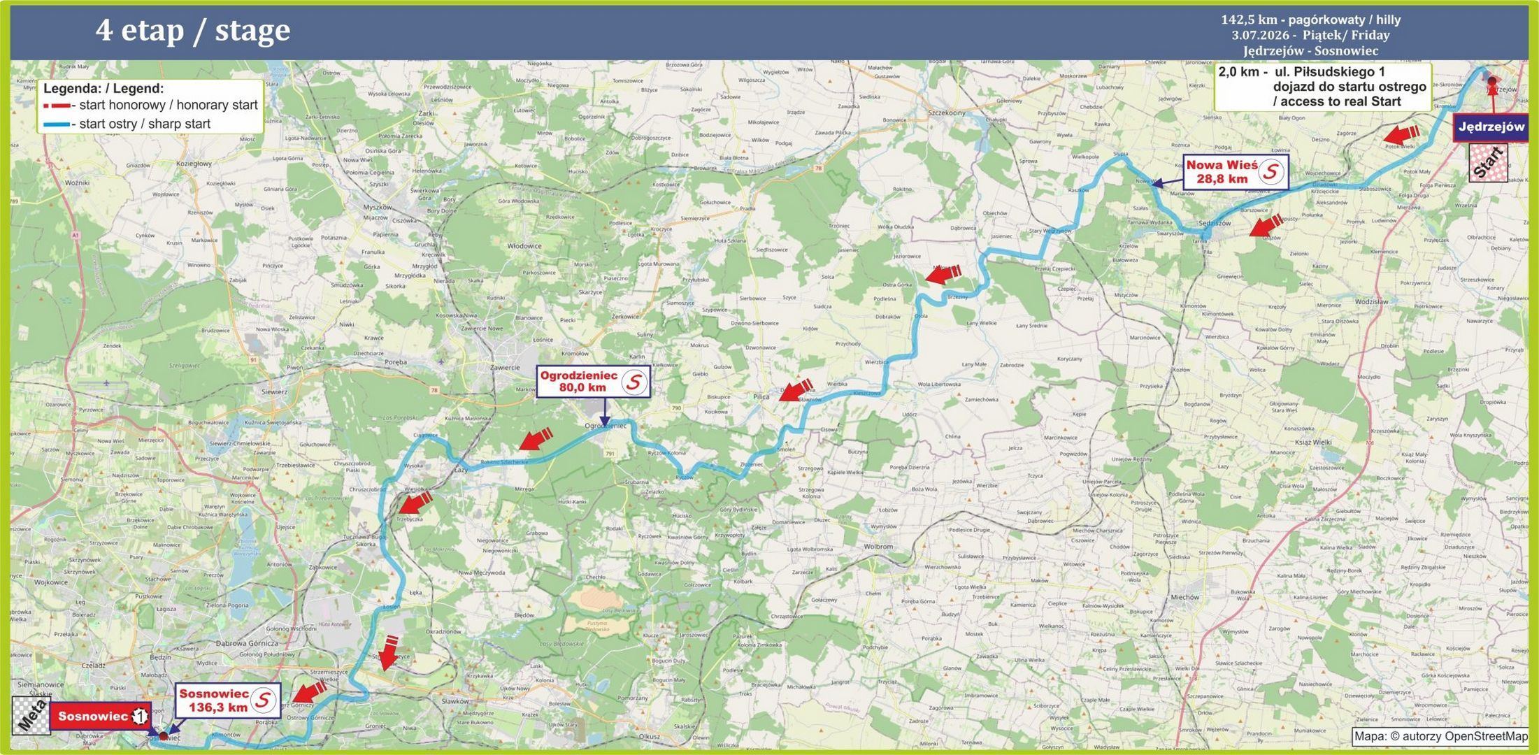 XXXVII Wyścig Kolarski »Solidarności« i Olimpijczyków. Mapa etapu Jędrzejów – Sosnowiec. 3 lipca 2026