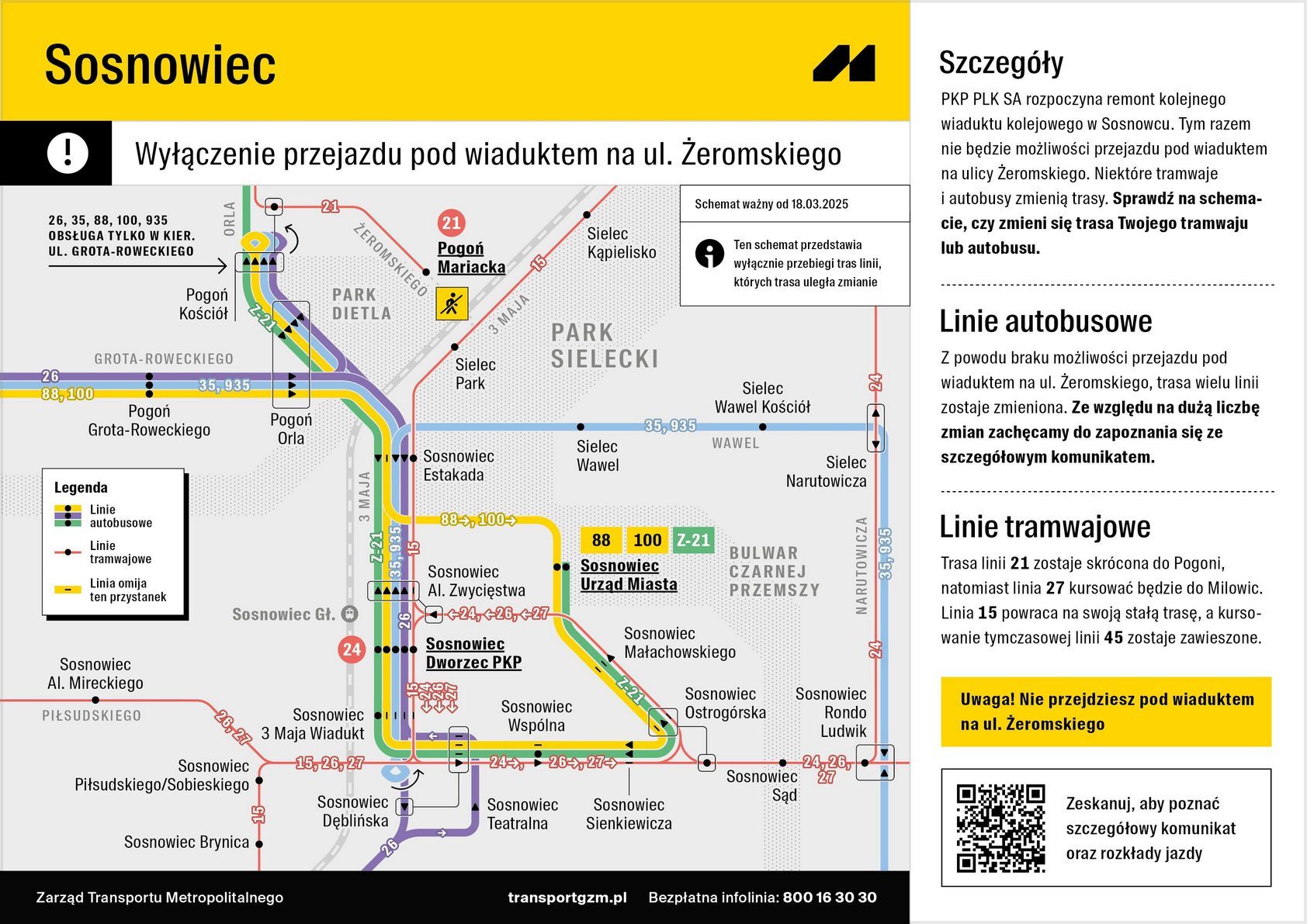 Schemat połączeń autobusowych i tramwajowych w związku z rozpoczęciem przebudowy wiaduktu nad ulicą Piłsudskiego w Sosnowcu. Zmiany od 15 marca 2025.