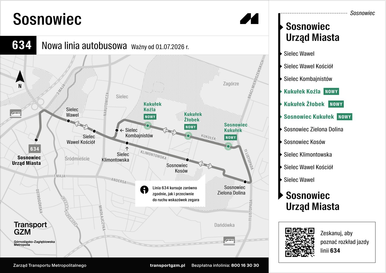 Schemat linii autobusowej numer 634 od 1 lipca 2026