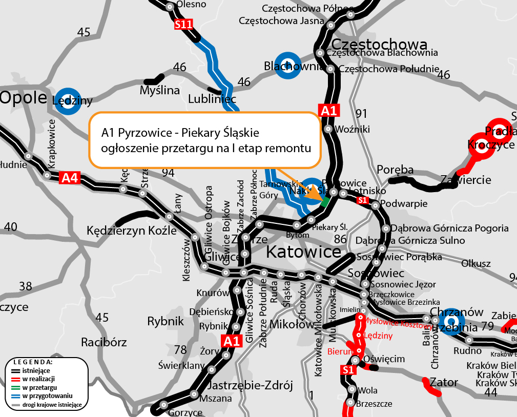 Zagłębie Dąbrowskie. Autostrada A1 – pofałdowana nawierzchnia – mapa z zaznaczonym odcinkiem.