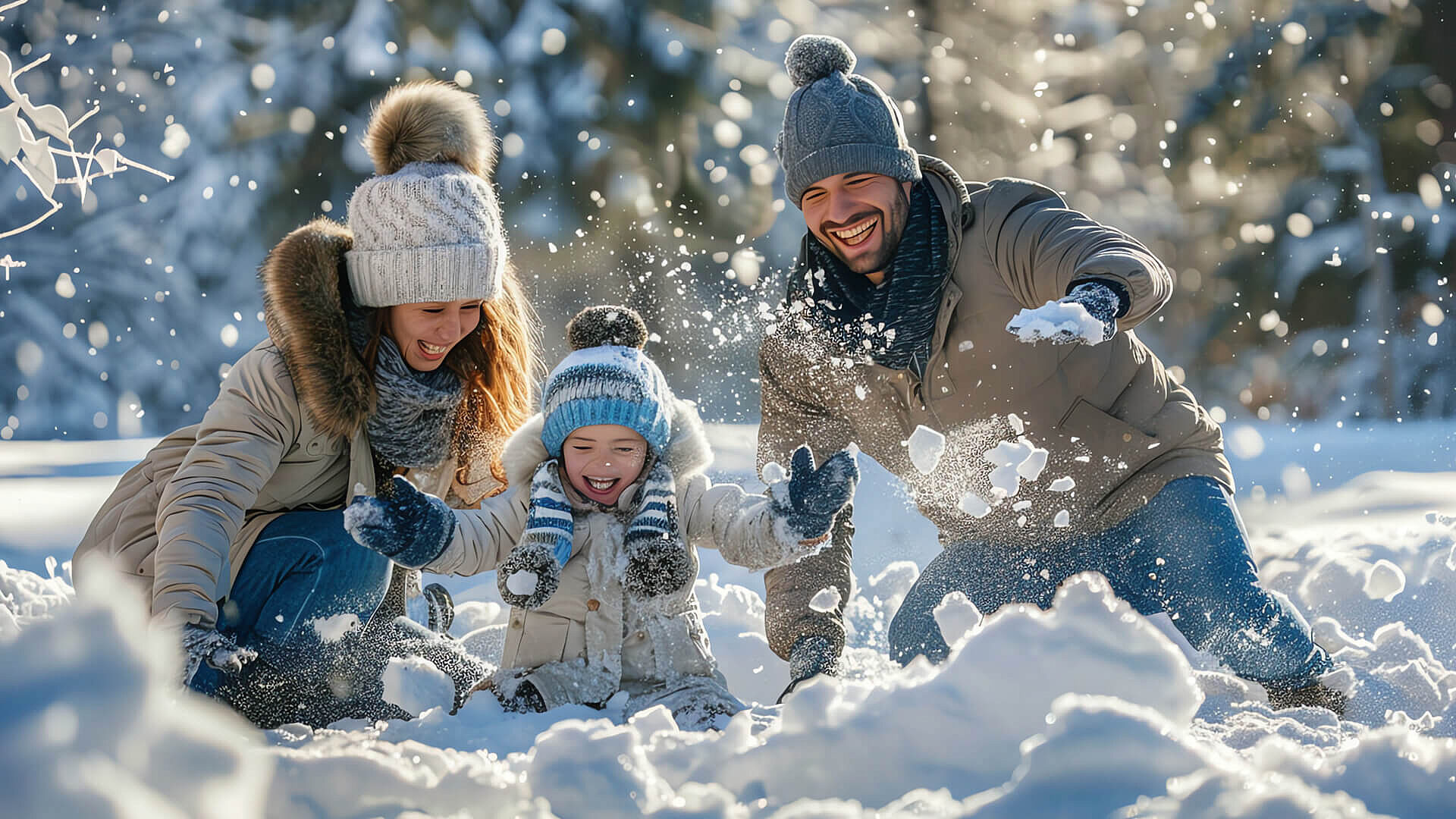 Happy family playing snow winter fun Happy family playing snow winter fun