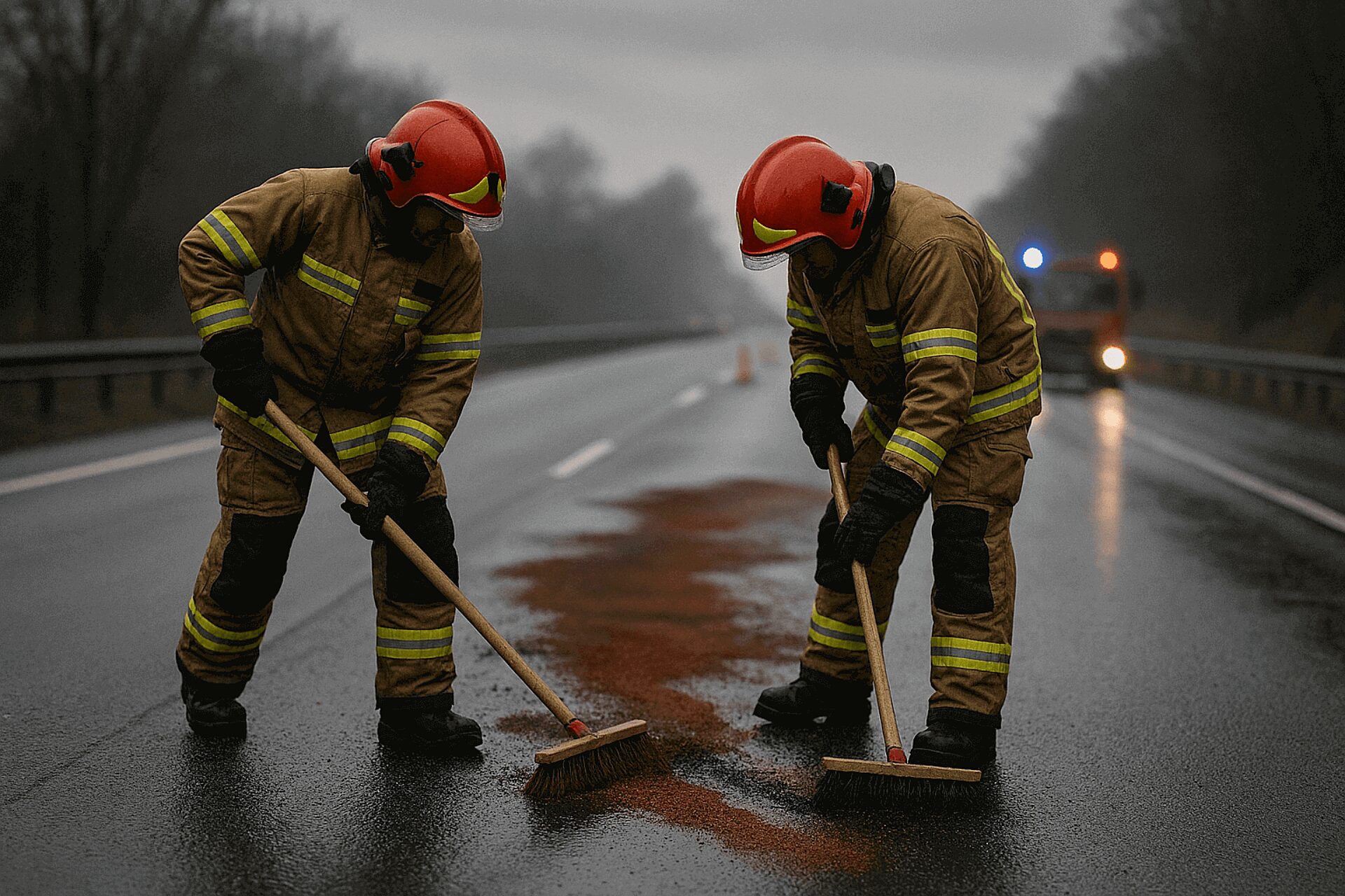 Strażacy usuwają zanieczyszczenia z jezdni (ilustracja AI) Strażacy usuwają zanieczyszczenia z jezdni (ilustracja AI)