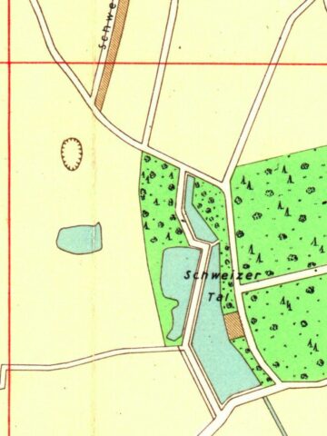 Schweizer Tal na planie Chorozwa z 1941 roku. Ru także zaznaczon oświezo zadrzewione oszary, m.in. w rejonie dzisiejszych Kręgów Tanecznych Schweizer Tal na planie Chorozwa z 1941 roku. Ru także zaznaczon oświezo zadrzewione oszary, m.in. w rejonie dzisiejszych Kręgów Tanecznych