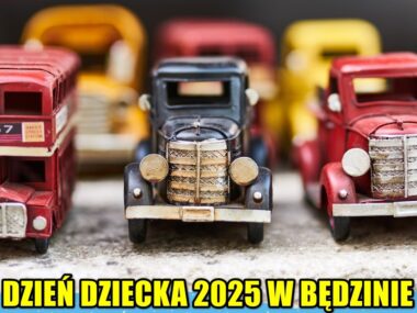 Będzin. Dzień dziecka 2025. Wymiana zabawek, klasyczne samochody, pokazy, turnieje i zabawy od samego rana Dzień Dziecka 2025 w Będzinie. Plakat. 1 czerwca 2025.