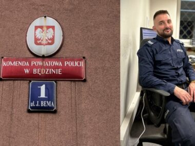 Złodziej i awanturnik zapomniał, że policjanci też robią zakupy w spożywczaku. Także w kościelne święta. Teraz zapamięta Będzin. Ul. Józefa Bema 1. Komenda Powiatowa Policji w Będzinie. Sierżant sztabowy Bartłomiej Janus.