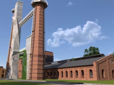 Na kominach dawnej ciepłowni powstanie centrum wspinaczkowe Czeladź-Zarzecze. Centrum wspinaczkowe przy i w dawnej kotłowni kopalni »Saturn« – wizualizacja. Sierpień 2024