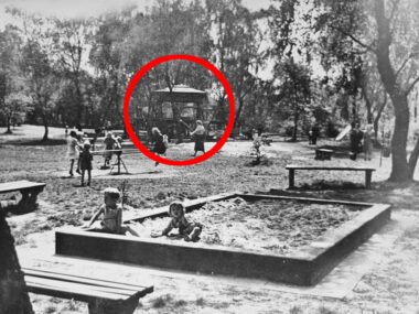 Podziemna tajemnica w Parku Śląskim. Co tam zakopano? Widoczna w głębi fotografii altana została zasypana. Czym była?