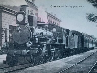Maczki. Ogromny, neorenesansowy dworzec w szczerym polu Granica (obecnie Sosnowiec, Maczki). Dworzec Kolei Warszawsko-Wiedeńskiej. Pociąg pocztowy. 1910-1918.