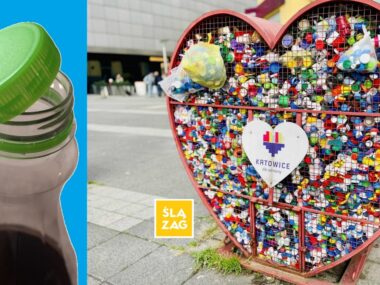 „Serca” na zakrętki znikają. Co z przepełnionymi, co szpecą? Katowice. Plac Wilhelma Szewczyka. Kosz na zakrętki. 17 listopada 2025 / Butelka z zakrętką. 3 grudnia 2025.