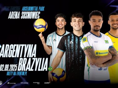 Potęgi siatkarskie w Sosnowcu! Mecz Brazylia – Argentyna Mecz towarzyski piłki siatkowej Brazylia – Argentyna. Plakat. 2 września 2025.