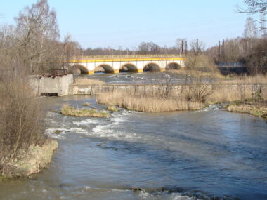 Rowerem z Maczek do Trójkąta 3 Cesarzy nad Białą Przemszą Sosnowiec-Maczki. Biała Przemsza, w tle most kolejowy. 30 marca 2008.
