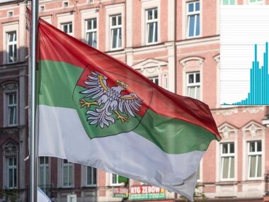 Zagłębie Dąbrowskie rekordowe. To rekordowo zła demografia Flaga Zagłębia Dąbrowskiego w Sosnowcu, ulica Warszawska, 24 czerwca 2024. Demografia – ilustracja poglądowa