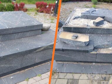 Sosnowiec-Środula. Pomnik ofiar getta żydowskiego przy placu Braci Kożuchów. Stan przed i po dewastacji. 4 października 2026 Sosnowiec-Środula. Pomnik ofiar getta żydowskiego przy placu Braci Kożuchów. Stan przed i po dewastacji. 4 października 2026