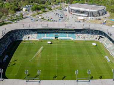 Sosnowiec. Zagłębiowski Park Sportowy. Nowa murawa hybrydowa na stadionie piłkarskim, 6 maja 2026 Sosnowiec. Zagłębiowski Park Sportowy. Nowa murawa hybrydowa na stadionie piłkarskim, 6 maja 2026