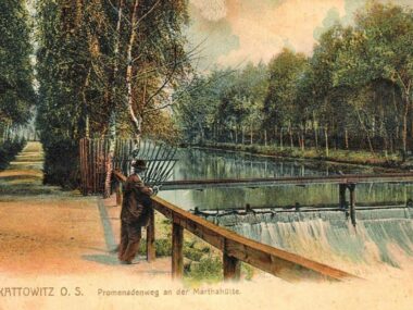 Szpacyr postrzōd strōmōw nadrzycznym bulwarym. We Katowicach Promenada nad rawa