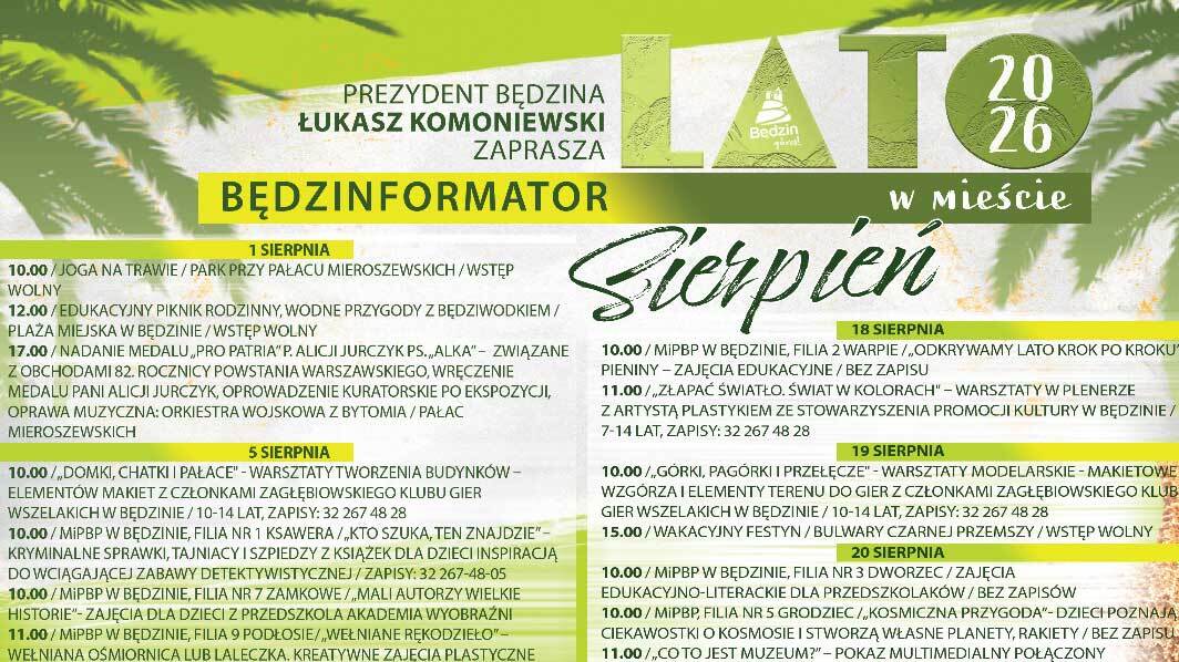 Urząd Miejski w Będzinie publikuje sierpniowy harmonogram wydarzeń w ramach akcji „Lato w mieście”