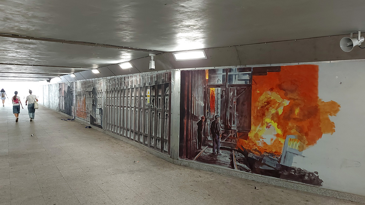 Fragment muralu w przejściu podziemnym pod bytomskim dworcem PKP