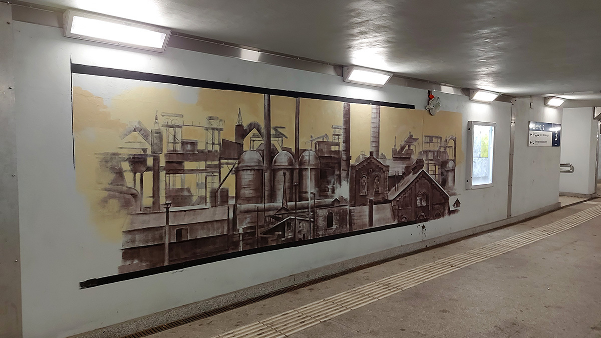 Fragment muralu w przejściu podziemnym pod bytomskim dworcem PKP