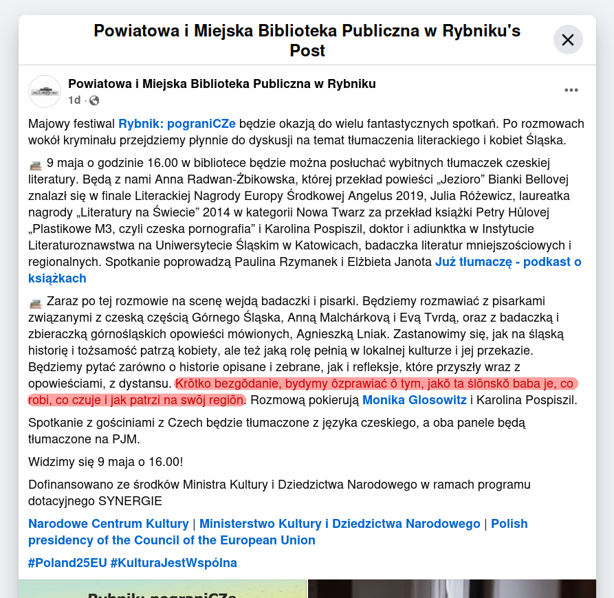 Post na fanpejdżu rybnickiej biblioteki