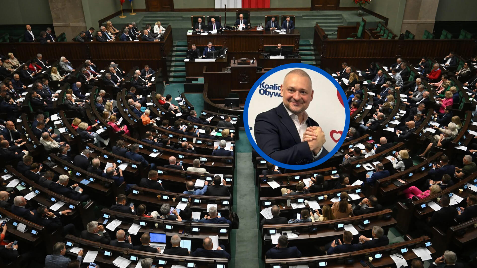Sala plenarna Sejmu Rzeczypospolitej Polskiej. Poseł na Sejm RP Wojciech Król